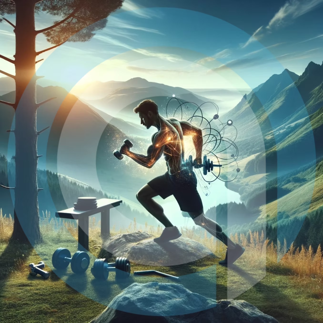 Artistic illustration of a person training with dumbbells outdoors in the mountains, symbolizing strength, energy, and the Omni-Active® Fitness lifestyle