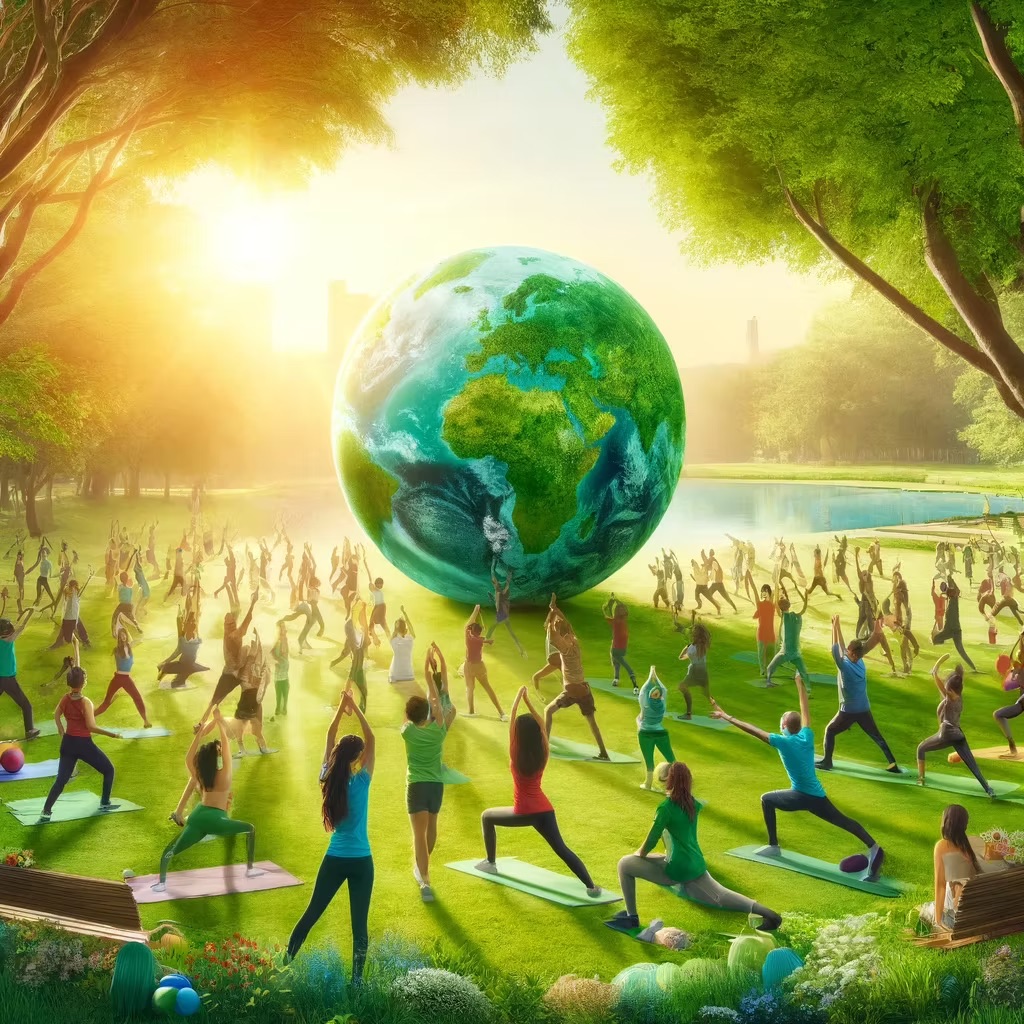 Artistic scene of people exercising outdoors in a park at sunrise with a large Earth in the background, representing global fitness and community wellness