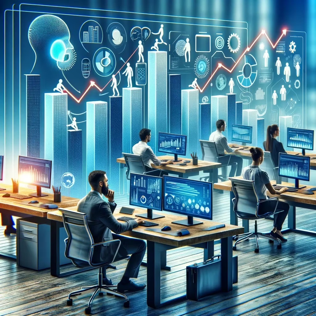 Illustration of professionals working at computers analyzing fitness and health data