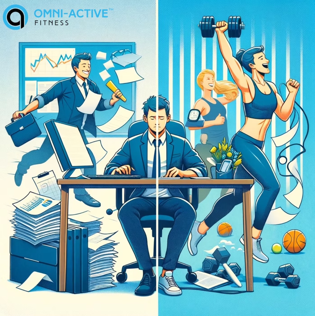 mni-Active® Fitness illustration showing the transformation from a stressed office worker to an active, healthy lifestyle through fitness